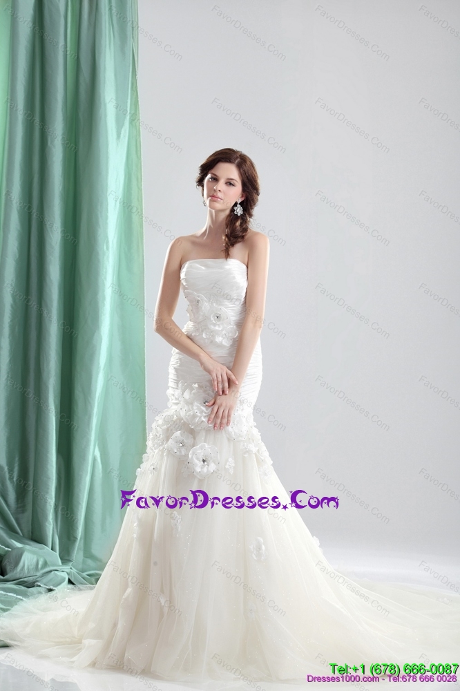 2015 White Chapel Train Strapless Wedding Dresses with Ruching and Hand Made Flowers