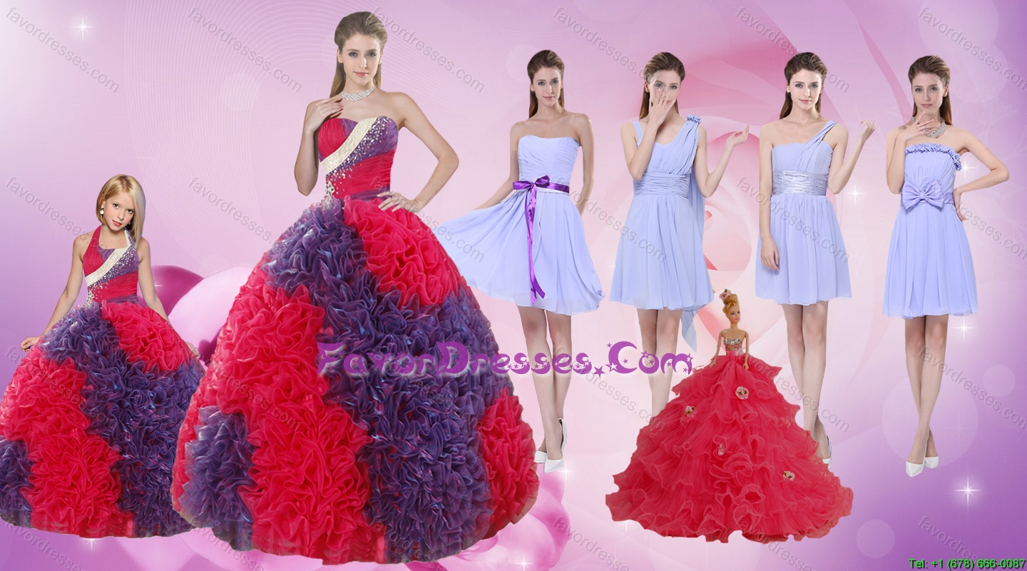 Elegant Multi Color Floor Length Quinceanera Dress and Ruching Short Dama Dresses and Multi Color Halter Top Litter Girl Dress