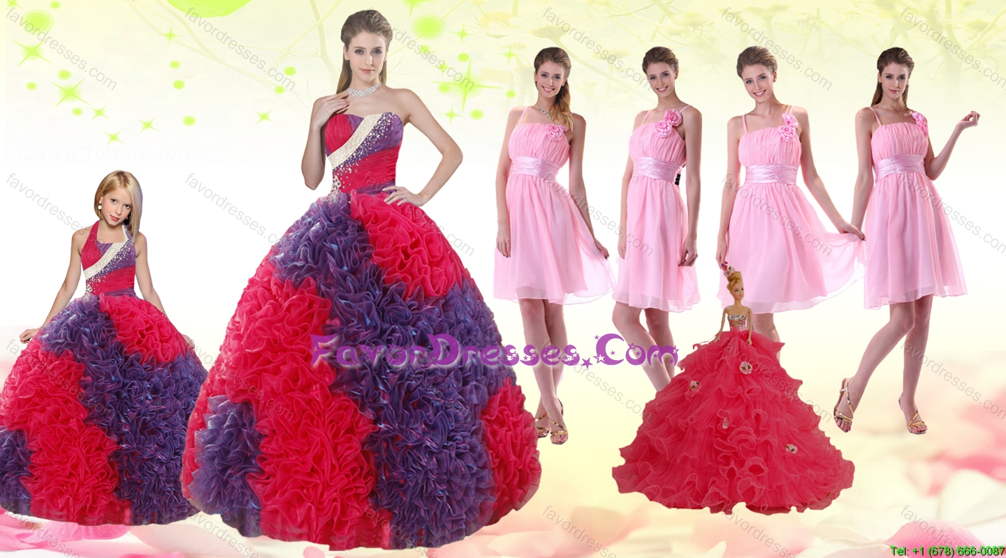 Multi Color Ball Gown Ruffles Quinceanera Dress and Ruching Baby Pink Dama Dresses and Halter Top Multi Color Litter Girl Dress
