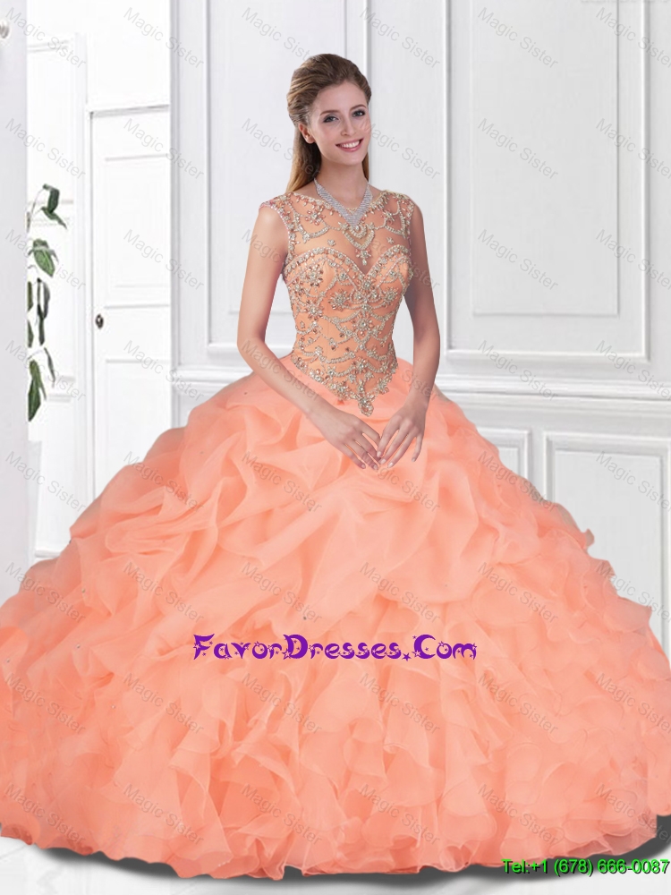 2016 Perfect Beaded and Ruffles Watermelon Quinceanera Gowns with Bateau