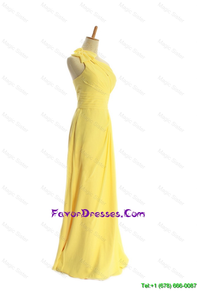 Classical One Shoulder Long Yellow Prom Dresses with Bowknot