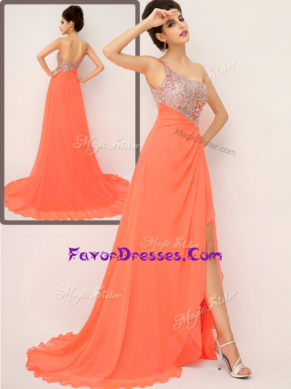 2016 Unique One Shoulder Prom Dresses with High Slit and Sequins