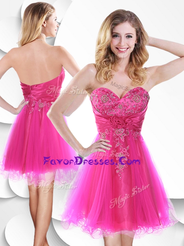 2016 Lovely Short Hot Pink Prom Dress with Beading and Hand Made Flowers
