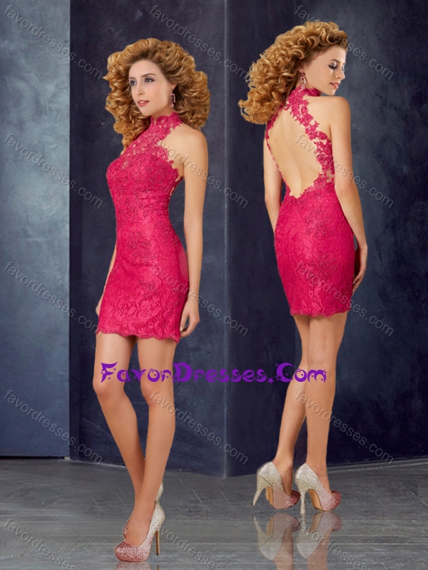 New Style Column High Neck Laced Stylish Prom Dress with Open Back