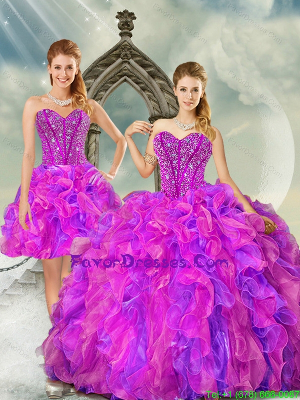 2015 Detachable and Unique Fuchsia and Lavender Quince Dresses with Beading and Ruffles