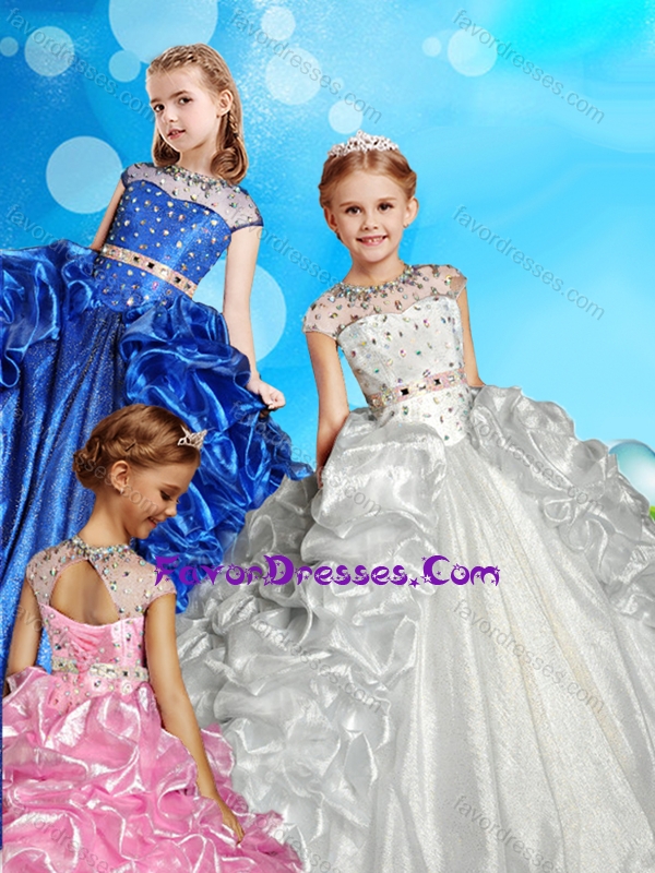 See Through High Neck Beaded Lovely Girl Pageant Dress with Cap Sleeves