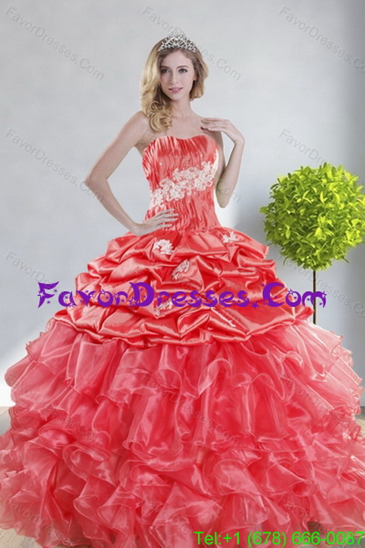 2015 Unique Watermelon Red Quince Dresses with Appliques and Ruffles