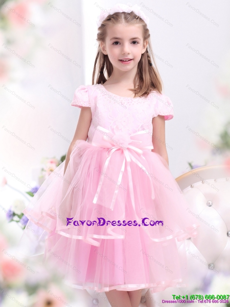 Unique Bowknot and Appliques 2015 Little Girl Pageant Dresses in Rose Pink