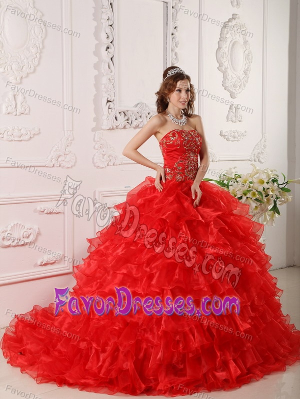 Custom Made Red Strapless Organza Sweet 16 Dresses with Embroidery