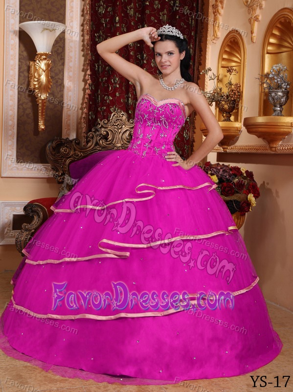 Sweetheart Affordable Beaded Satin and Tulle Quince Dresses in Hot Pink