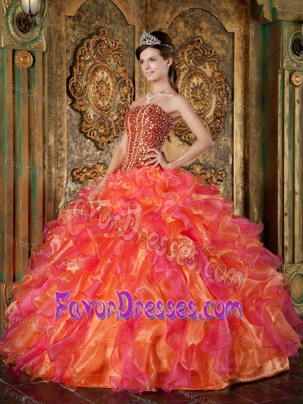 Muti-Color Strapless Organza Dress for Quince with Beading and Ruffles
