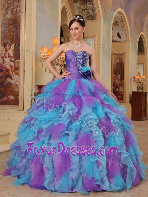 Flattering Quinces Dresses in Purple and Aqua Blue with Ruffles in Organza