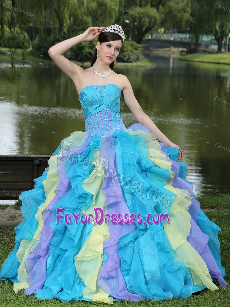 Traditional Colorful Quinceanera Gowns with Ruffled Layers and Appliques