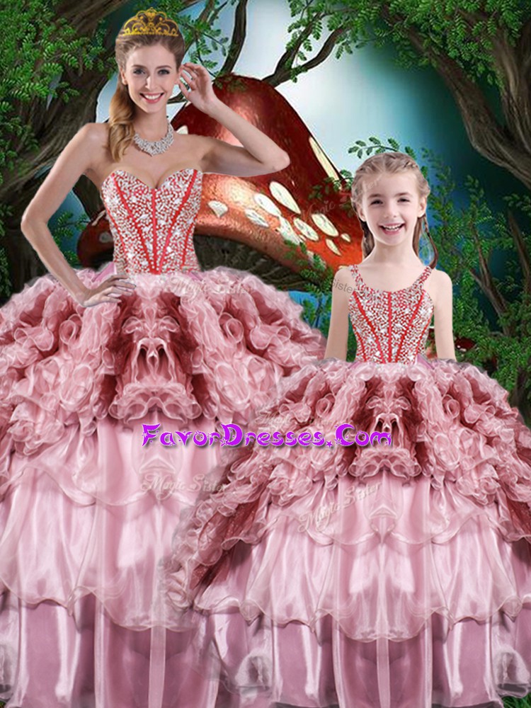 Pretty Multi-color Organza Lace Up Sweetheart Sleeveless Floor Length Quinceanera Gown Beading and Ruffles and Ruffled Layers