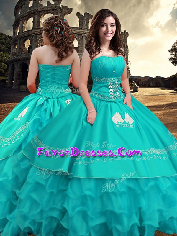 Simple Turquoise Strapless Zipper Embroidery and Ruffled Layers Quinceanera Dresses Sleeveless