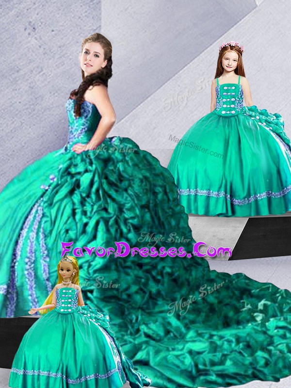  Turquoise Taffeta Lace Up Sweetheart Sleeveless Sweet 16 Quinceanera Dress Court Train Embroidery and Pick Ups
