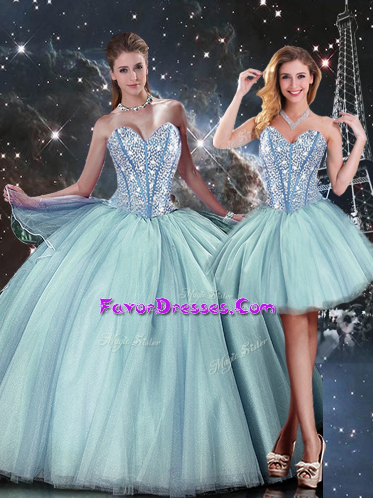 Simple Sleeveless Tulle Floor Length Lace Up Sweet 16 Quinceanera Dress in Light Blue with Beading