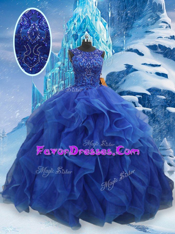 Customized Blue Vestidos de Quinceanera Military Ball and Sweet 16 and Quinceanera with Beading and Ruffles Scoop Sleeveless Lace Up