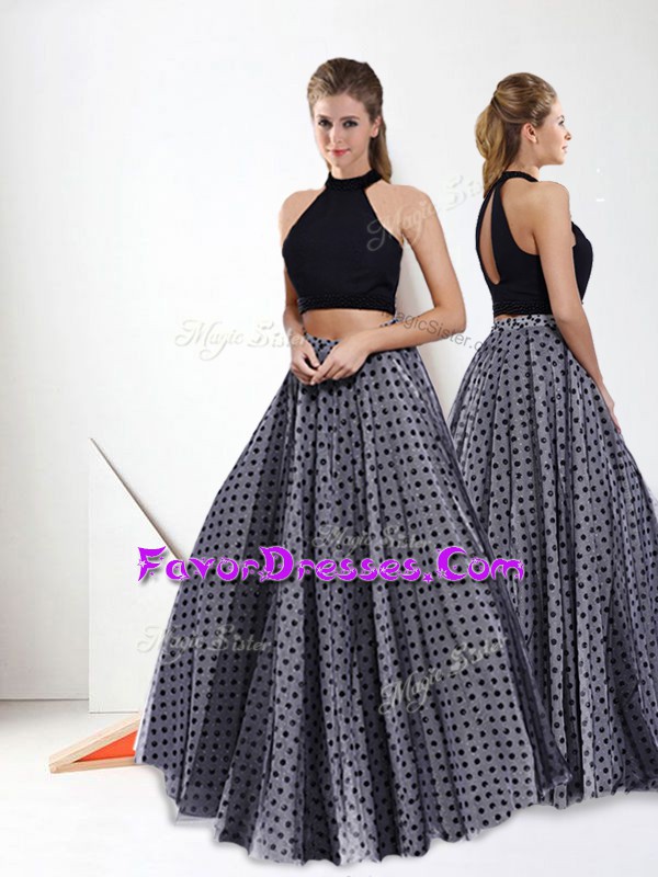 Top Selling Black Sleeveless Floor Length Pattern Backless Prom Party Dress