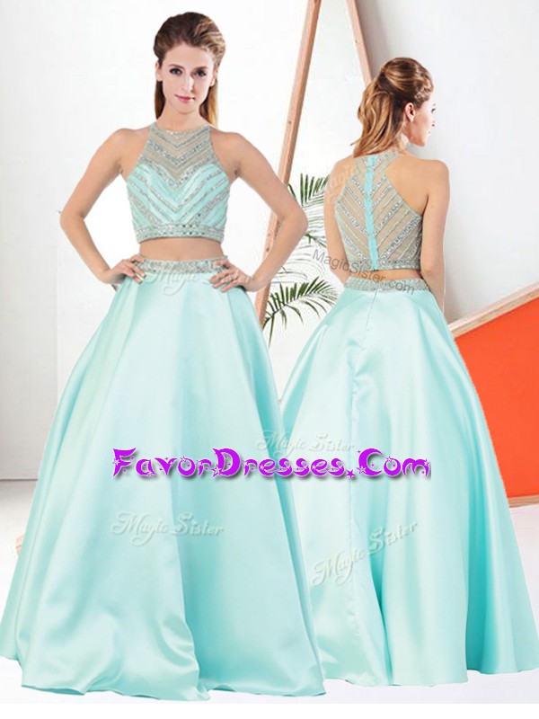  Aqua Blue Prom Dress Prom and Party with Beading High-neck Sleeveless Zipper