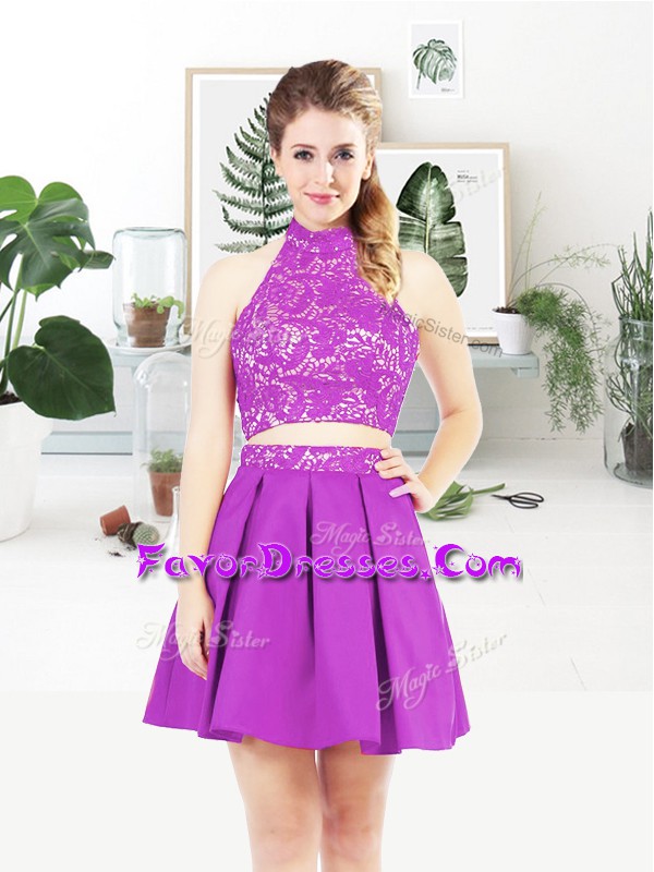  Two Pieces Prom Evening Gown Purple Halter Top Satin Sleeveless Mini Length Lace Up