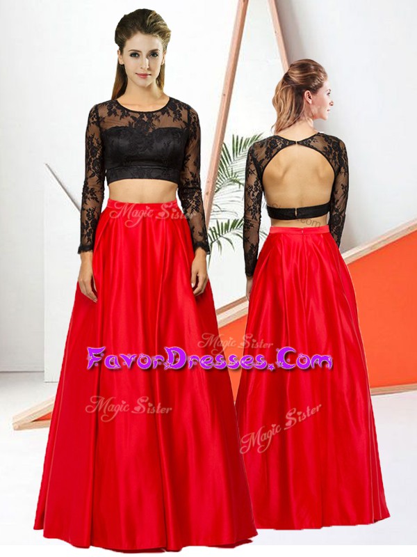 Glamorous Red And Black Long Sleeves Satin Backless Prom Evening Gown for Prom and Party