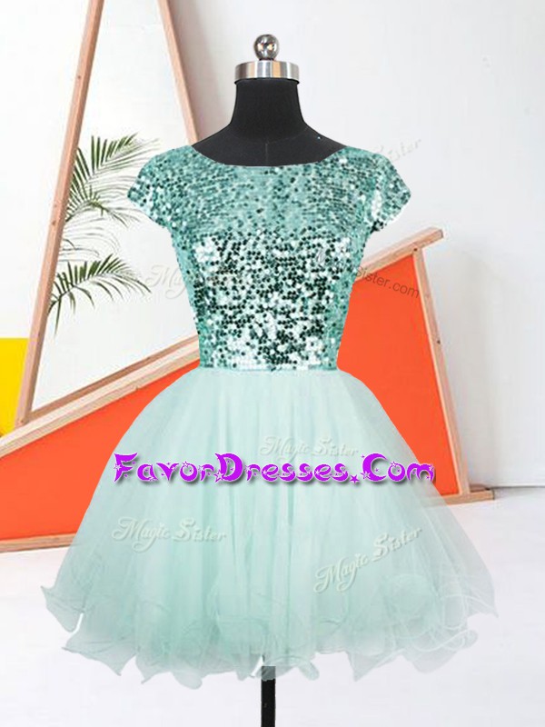  Mini Length Lace Up Prom Evening Gown Apple Green for Prom and Party with Sequins