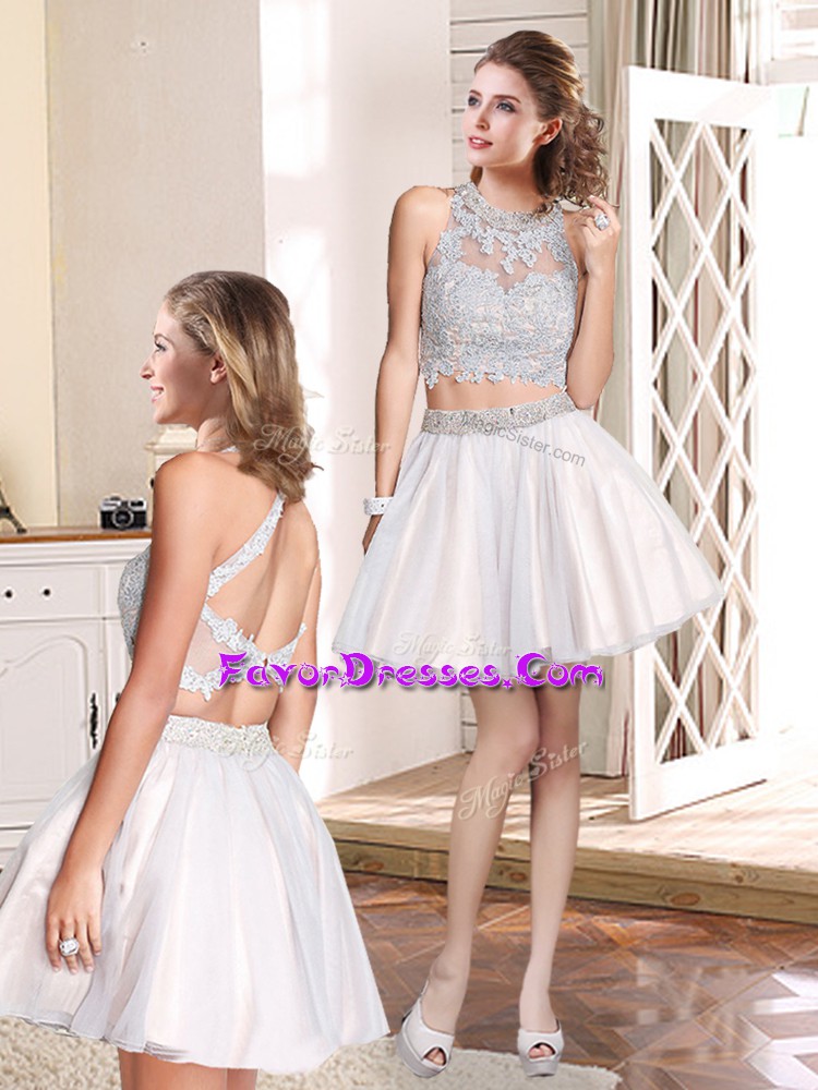 High End Champagne Two Pieces Satin and Tulle High-neck Sleeveless Beading and Lace Mini Length Backless Wedding Dresses