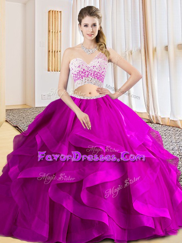 Fine Fuchsia Sleeveless Tulle Criss Cross Sweet 16 Dresses for Military Ball and Sweet 16 and Quinceanera