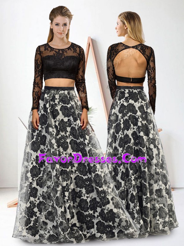  Black Printed Clasp Handle Prom Dress Long Sleeves Floor Length Lace and Pattern