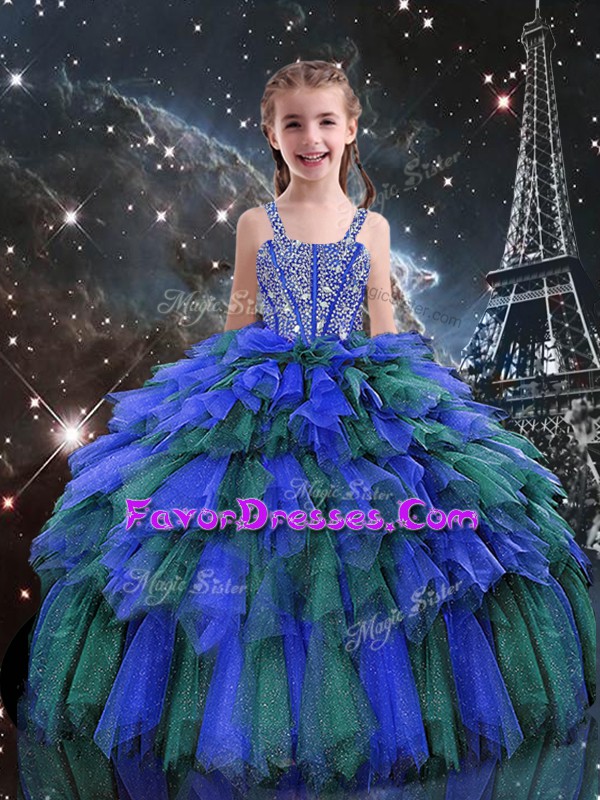  Floor Length Lace Up Pageant Dress for Teens Blue for Quinceanera and Wedding Party with Beading and Ruffles