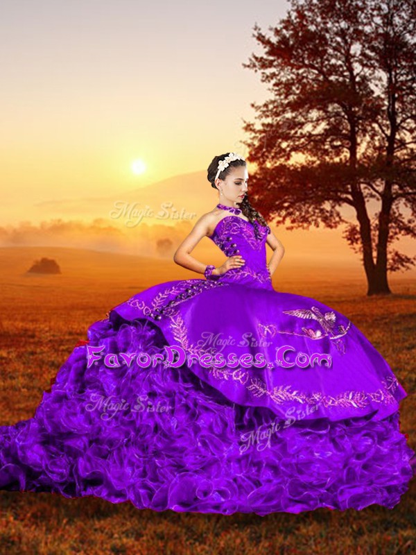  Lavender Lace Up Sweetheart Embroidery Ball Gown Prom Dress Organza Sleeveless Brush Train