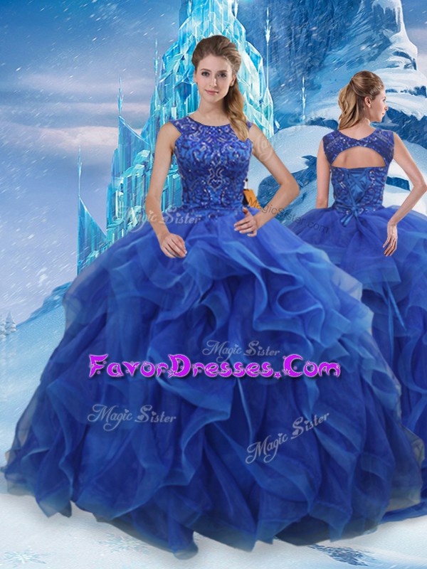 Hot Selling Scoop Sleeveless Organza Quinceanera Gown Beading and Ruffles Lace Up
