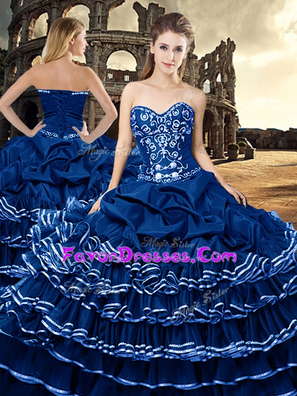 Fashionable Navy Blue Quinceanera Gowns Military Ball and Sweet 16 and Quinceanera with Ruffled Layers Sweetheart Sleeveless Lace Up