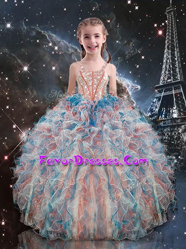  Multi-color Straps Neckline Beading and Ruffles Pageant Gowns For Girls Sleeveless Lace Up