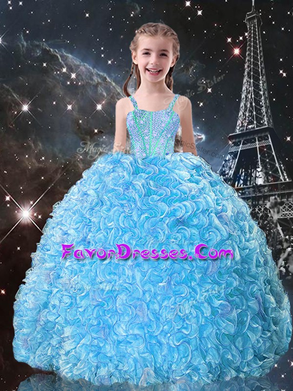 Best Aqua Blue Sleeveless Beading and Ruffles Floor Length Glitz Pageant Dress