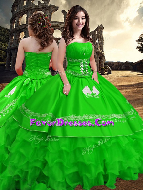  Green Strapless Neckline Embroidery and Ruffled Layers Quinceanera Dress Sleeveless Zipper