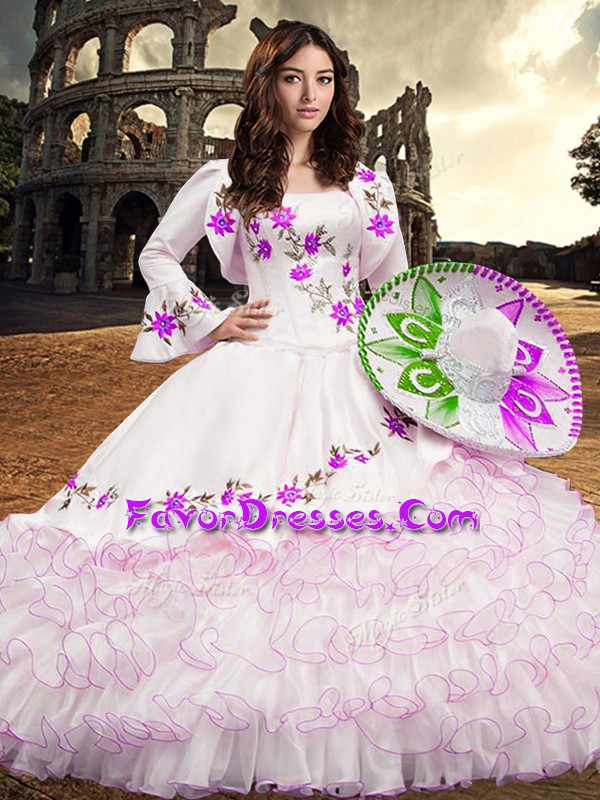 Customized Floor Length Lace Up 15 Quinceanera Dress White for Military Ball and Sweet 16 and Quinceanera with Embroidery and Ruffled Layers
