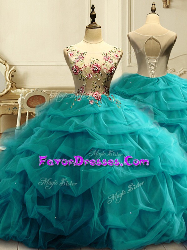 Luxurious Floor Length Lace Up Quince Ball Gowns Teal for Military Ball and Sweet 16 and Quinceanera with Appliques and Ruffles and Sequins