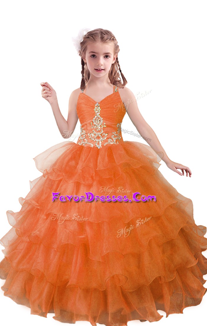  Orange Red Sleeveless Organza Zipper Custom Made Pageant Dress for Quinceanera and Wedding Party