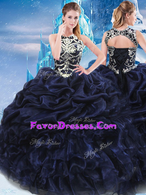  Floor Length Lace Up 15 Quinceanera Dress Navy Blue for Military Ball and Sweet 16 and Quinceanera with Appliques and Ruffles and Pick Ups