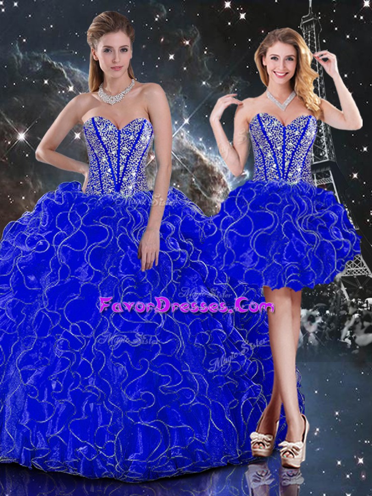  Royal Blue Lace Up Sweetheart Beading and Ruffles Quince Ball Gowns Organza Sleeveless