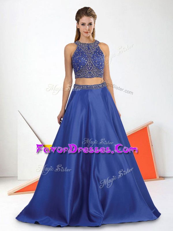  Royal Blue Prom Gown Prom and Party with Beading Scoop Sleeveless Backless