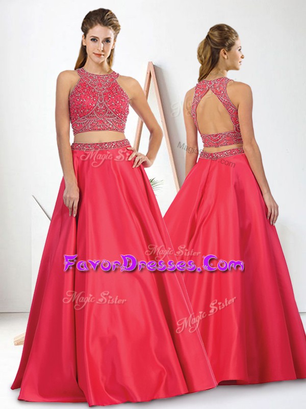 Fine Floor Length Backless Prom Party Dress Red for Prom and Party with Beading