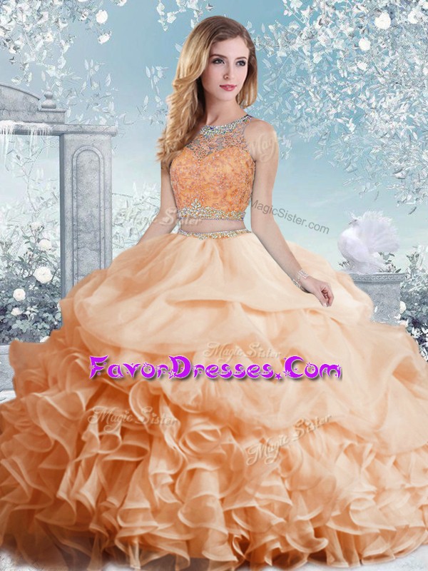 Beautiful Peach Organza Clasp Handle Ball Gown Prom Dress Sleeveless Floor Length Beading and Ruffles and Pick Ups