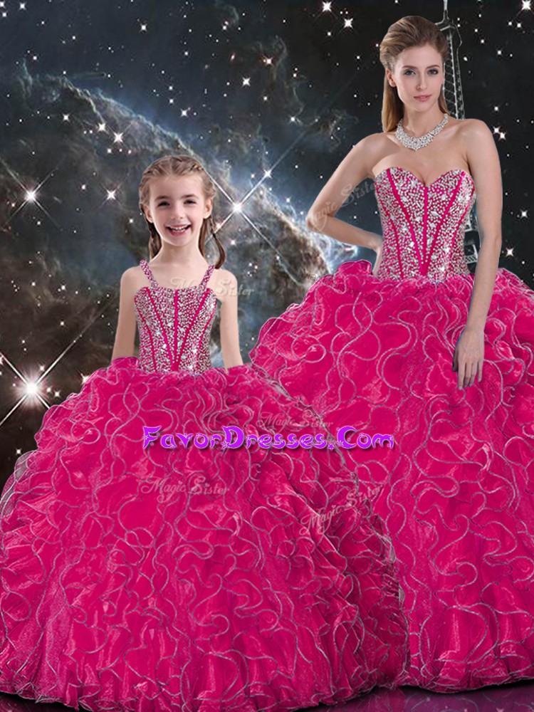 Fine Hot Pink Quinceanera Dress Military Ball and Sweet 16 and Quinceanera with Beading and Ruffles Sweetheart Sleeveless Lace Up