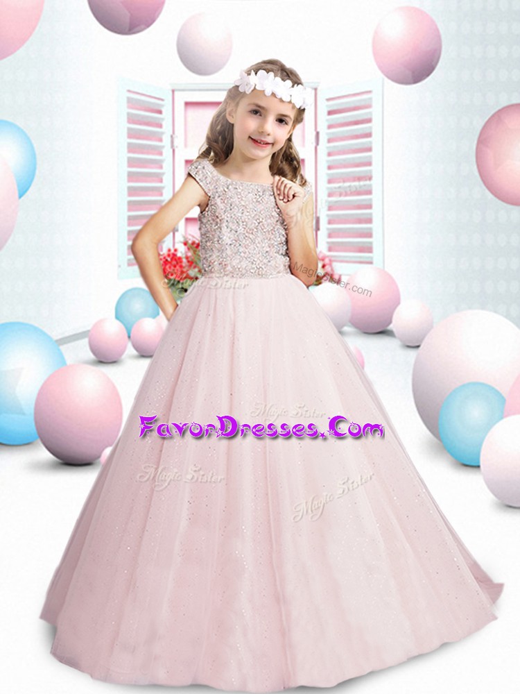  Cap Sleeves Beading Lace Up Child Pageant Dress