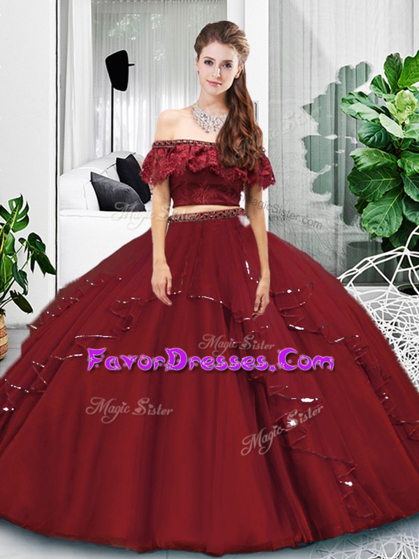 Excellent Floor Length Burgundy 15th Birthday Dress Tulle Sleeveless Lace and Ruffles