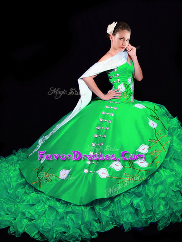 Wonderful Lace Up Ball Gown Prom Dress Green for Military Ball and Sweet 16 and Quinceanera with Embroidery and Ruffles Brush Train