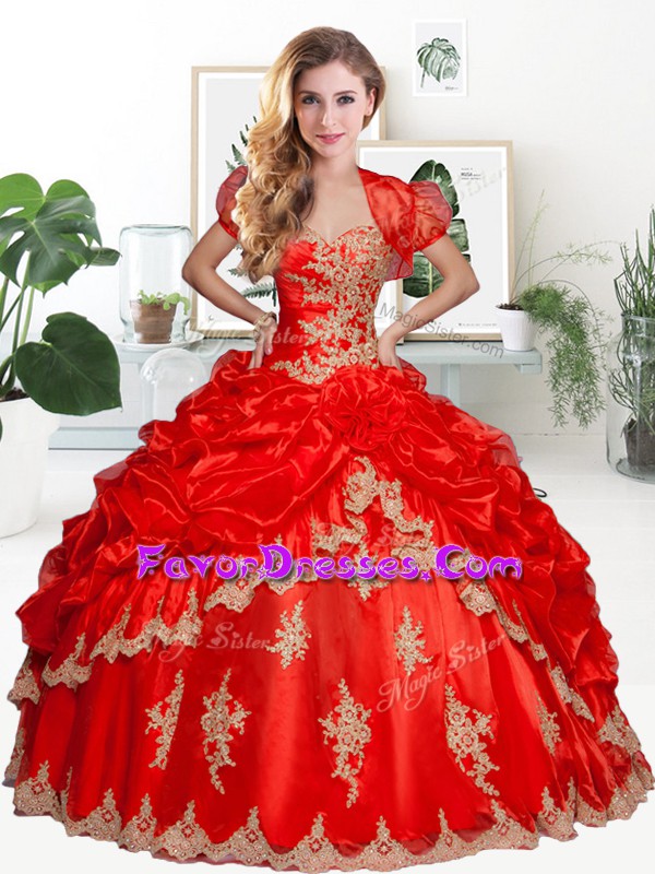 High Quality Floor Length Red Sweet 16 Quinceanera Dress Tulle Short Sleeves Lace and Appliques and Pick Ups